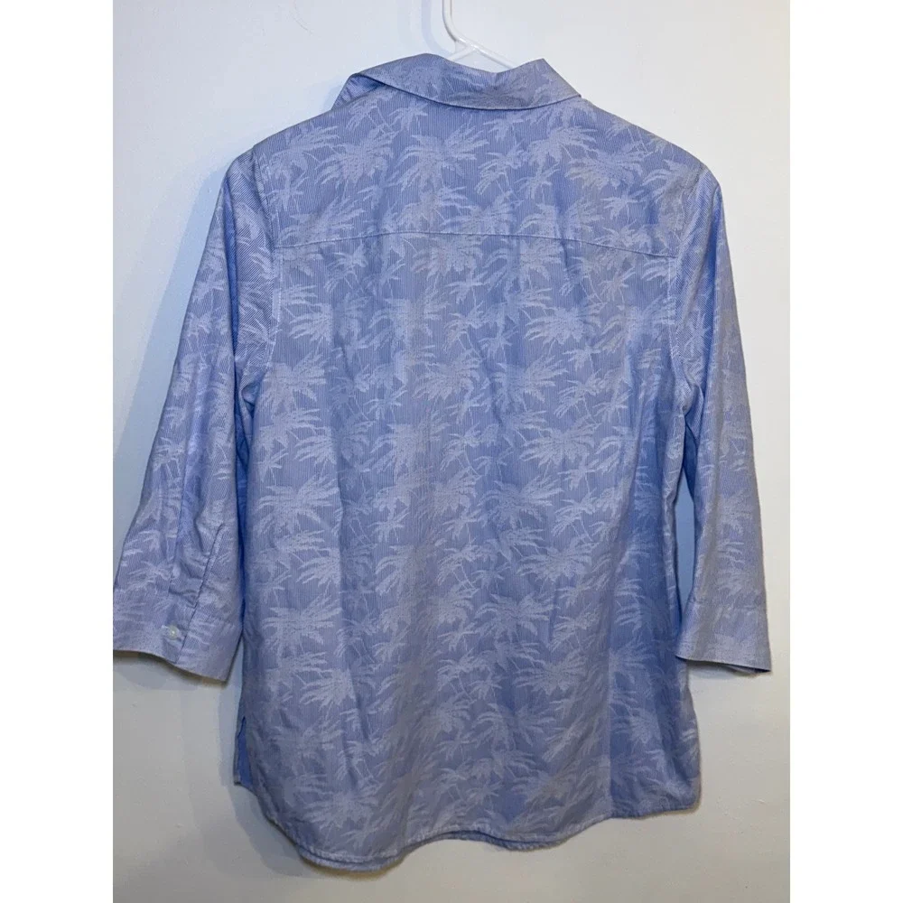 Chicos Blue White Striped Palm Print Cotton Blouse Chicos Sz 0 Small/4